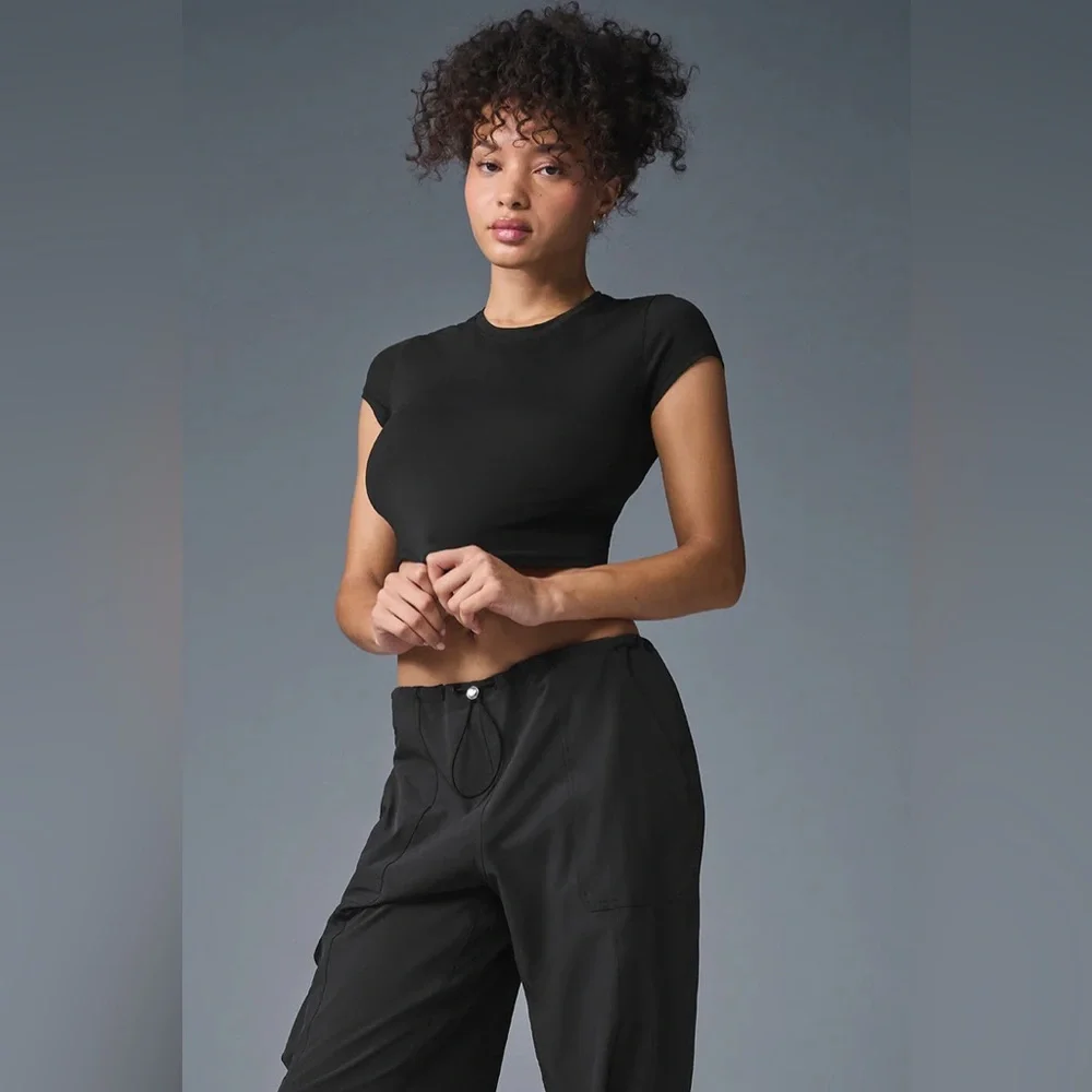 Alo Yoga Alosoft Crop Finesse Short Sleeve Black S